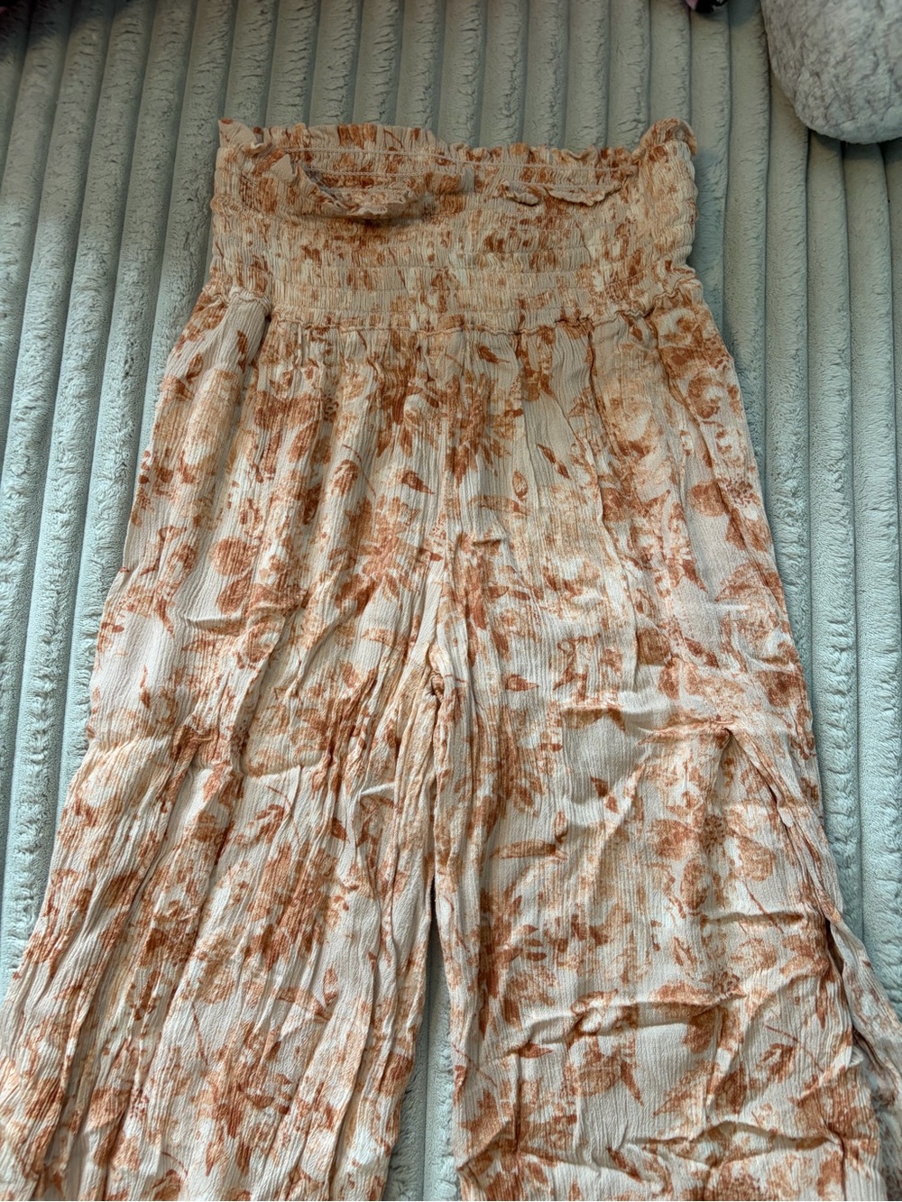 Rewash Cream & Rust Floral Smocked Wide-Leg Jumpsuit Pants
